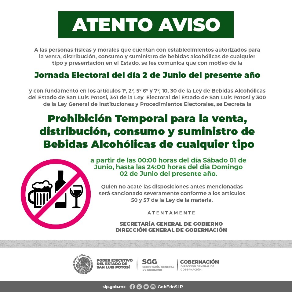 ANUNCIAN “LEY SECA” DURANTE LA JORNADA ELECTORAL DEL 2 DE JUNIO