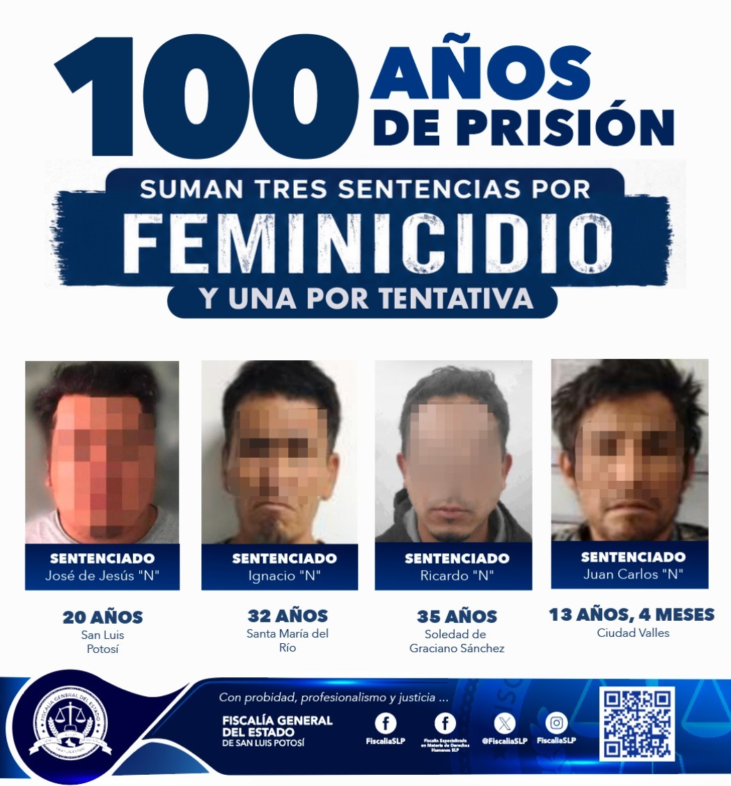Fiscalía de feminicidios obtiene en SLP cuatro sentencias condenatorias que acumulan más de 100 años de prisión
