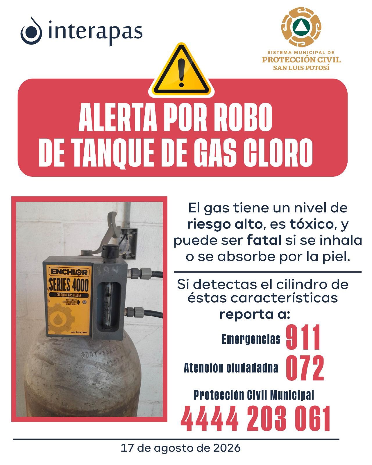 Alerta Interapas por robo de tanque de gas cloro
