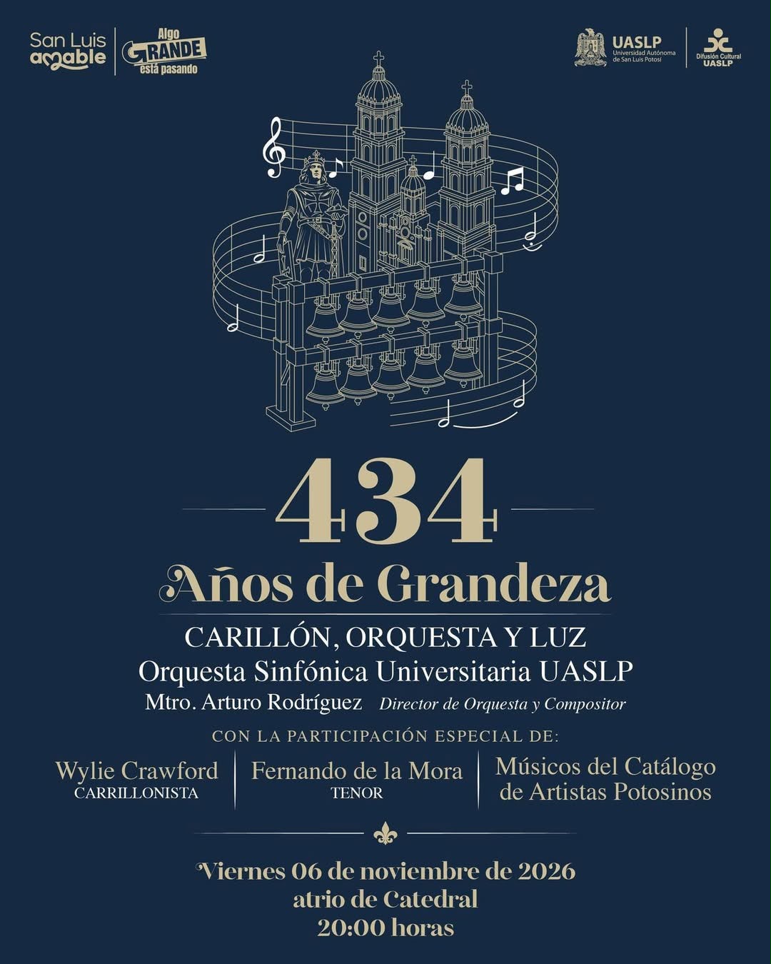 Gobierno de la Capital celebrará los 434 años de San Luis Potosí con un concierto de carillón, orquesta y luz